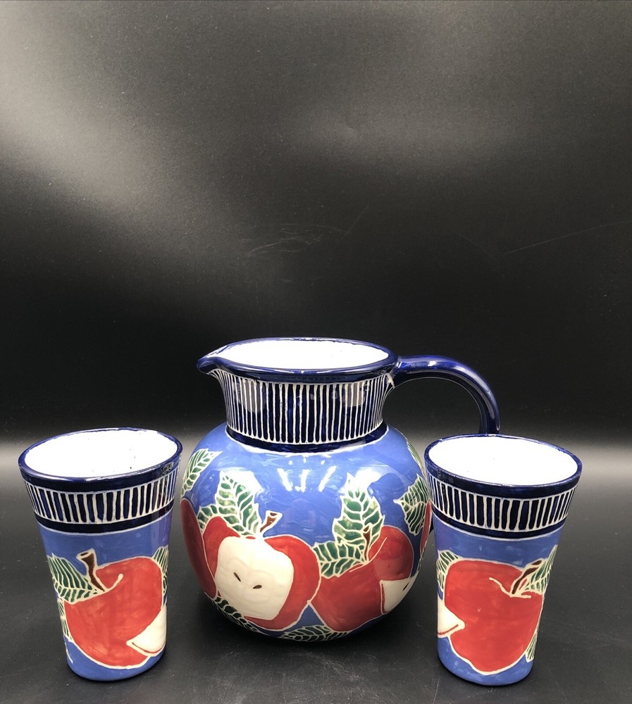 Handmade Signed Studio Art Pottery Ceramic Pitcher W/Cups