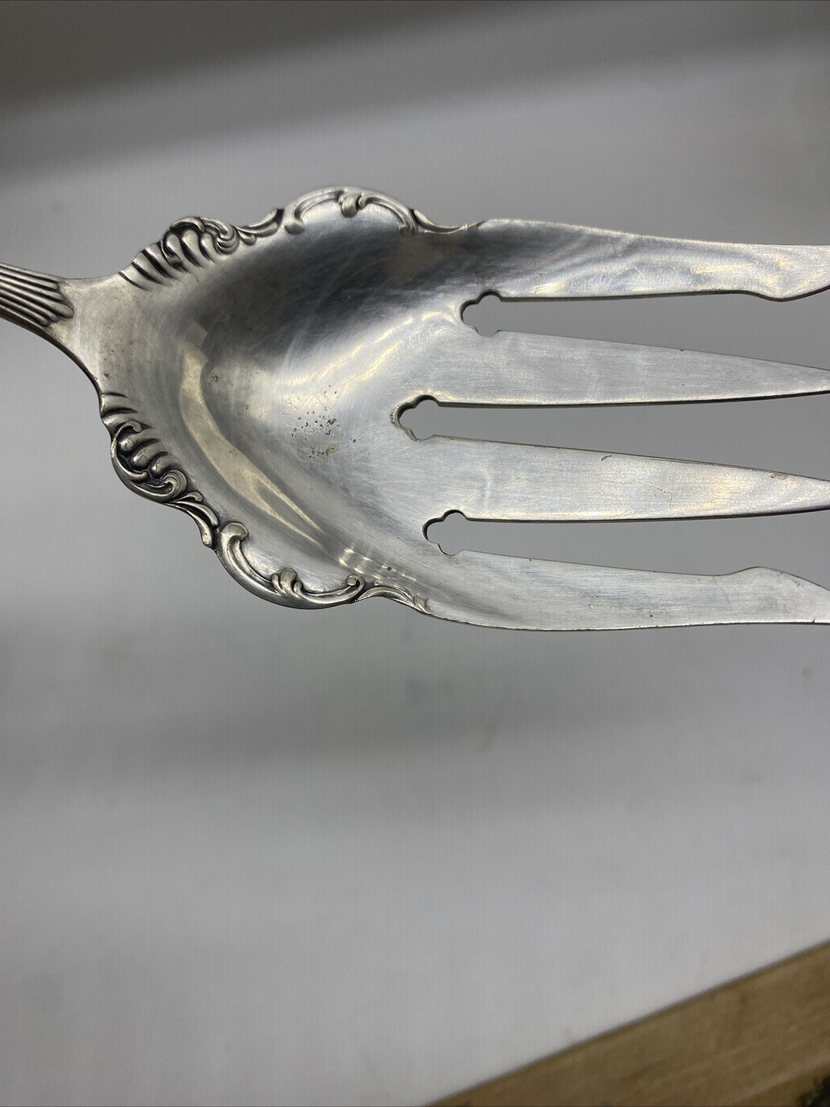 Antique Large Victorian Ornate Silver Serving Fork Wooden Handle 12"