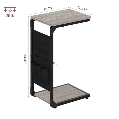 Narrow C-Shaped End Table with Storage Bag, Small Couch Side Table, 1 Greige