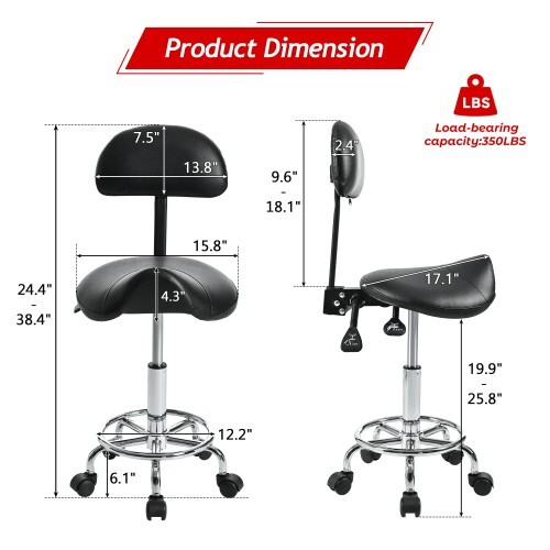 Rotating stool Saddle stool with back support, adjustable with wheels