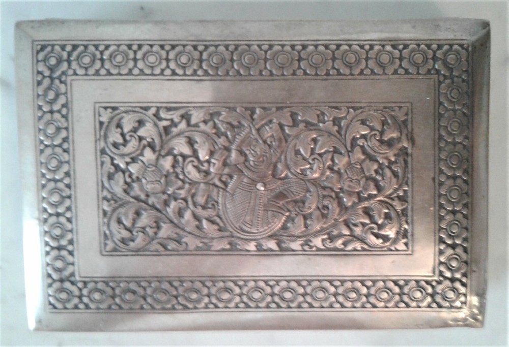 Antique Engraved Repousse Cambodian? Dancer Solid 900 Silver Box - Beautiful!