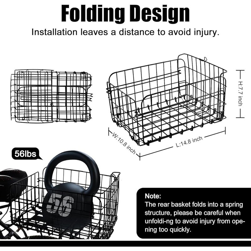 Foldable Rear Bike Basket Cargo Rack W/ Secure Strap Reflective Tail Light New