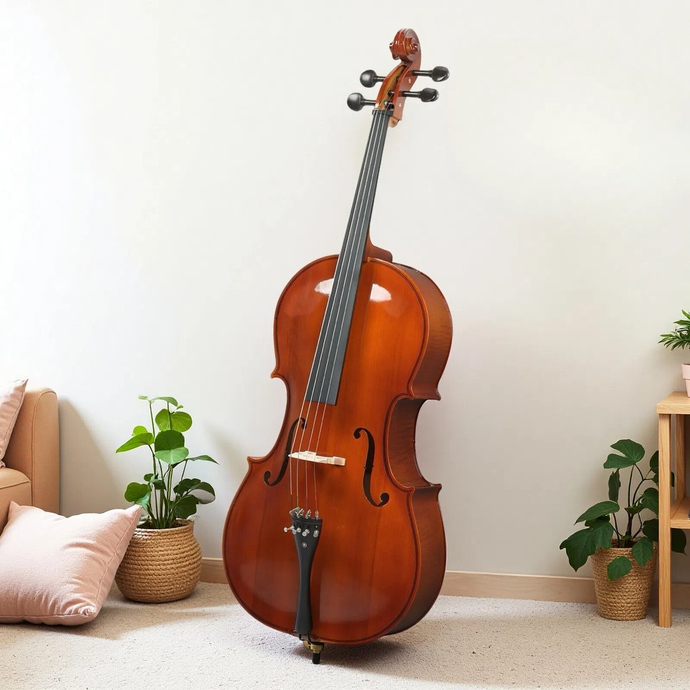 4/4 Full Size Solid Spruce Top Beginner Acoustic Cello Set - Bag Natural Bow