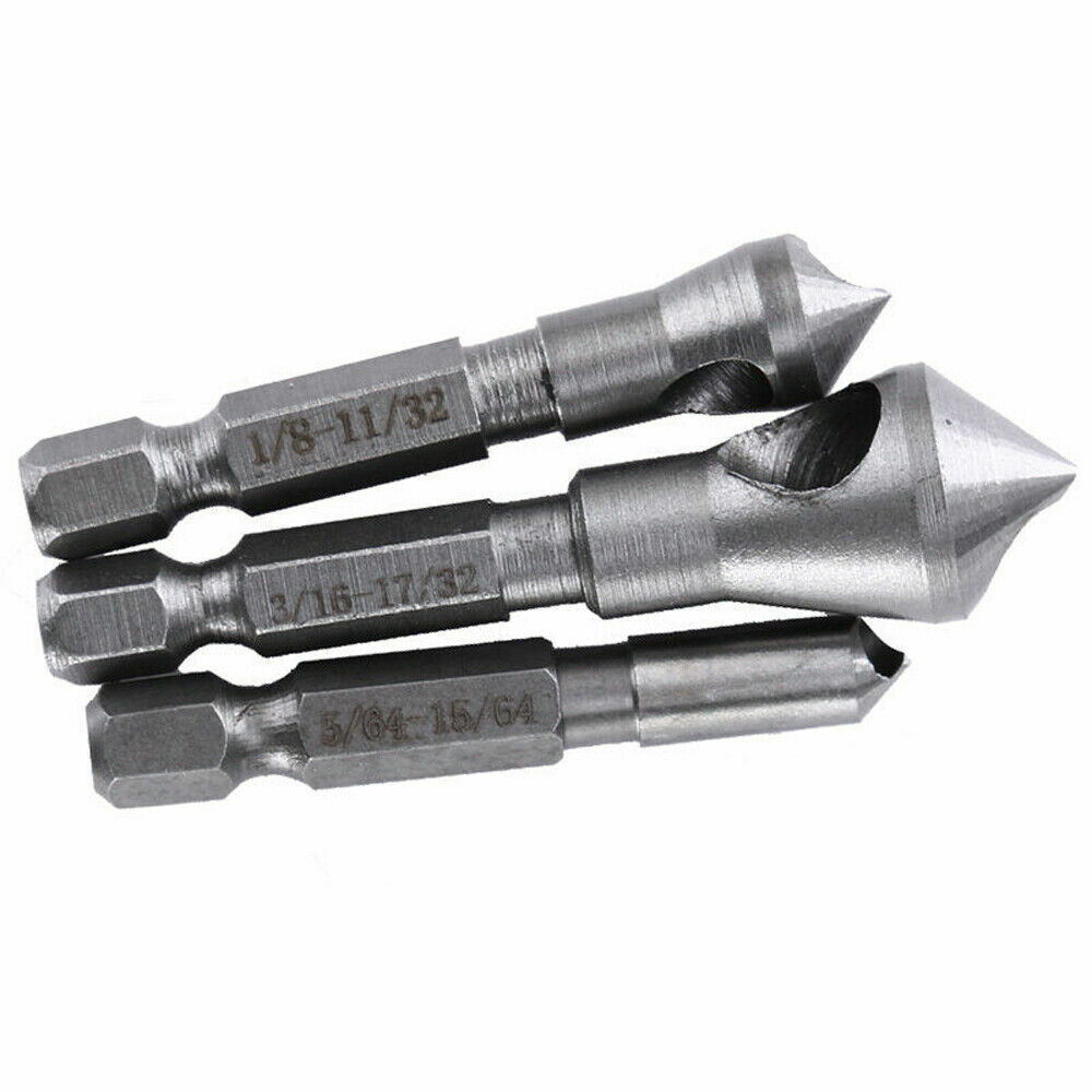 3Pcs Chamfer Countersink Deburring Drill Bits Set Kit Cutting Metal Wood Tool