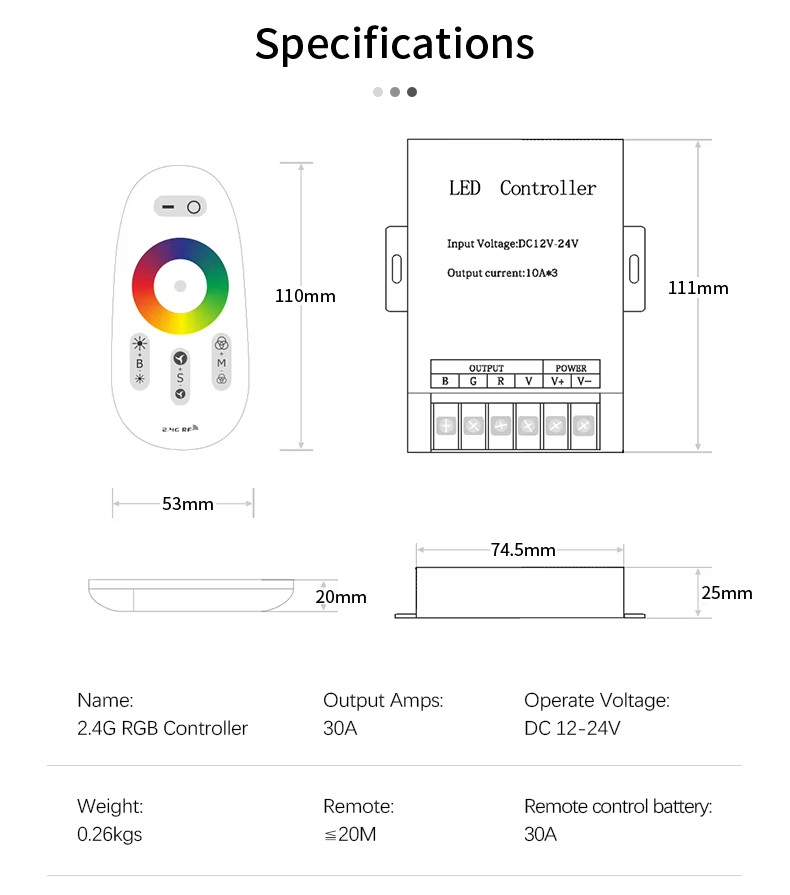 2.4G Touch Remote Control 30A Controller RGB Dimmer LED Light Strip DC5-24V