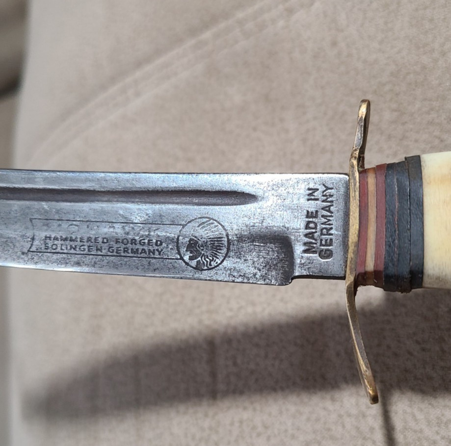 Mohawk Hammer Forged Stag Handle Fixed Blade Knife Germany Elk Embossed Sheath