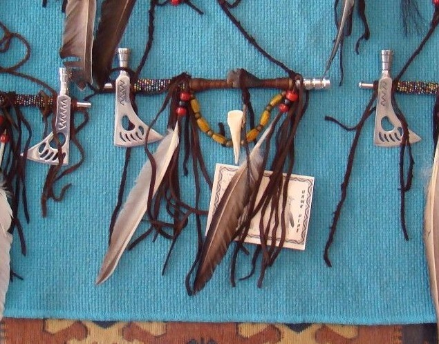 1-ONE Navajo Peace pipe 8" Long w/2 six" feathers, different color beads Works!!