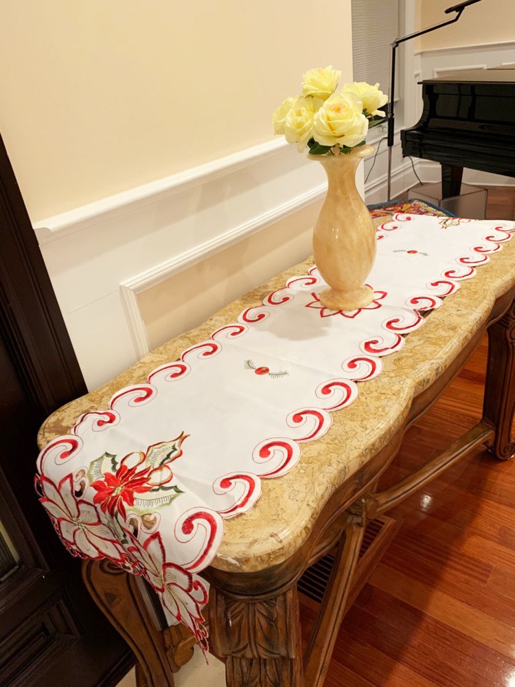 Christmas Flower Table Runner 16" X 72", White