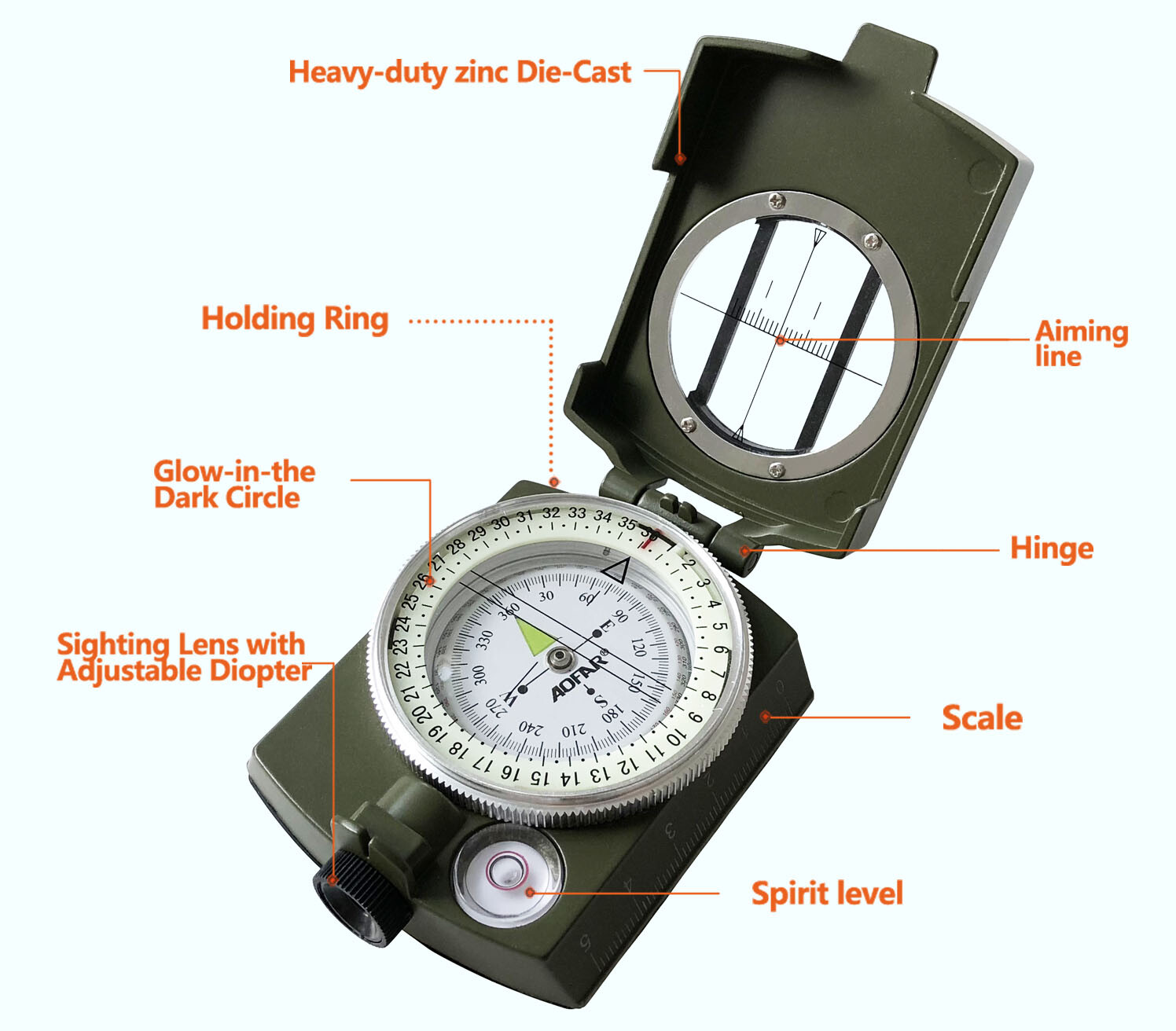 AOFAR Military Compass AF-4580 Lensatic Sighting for Camping Hiking Waterproof