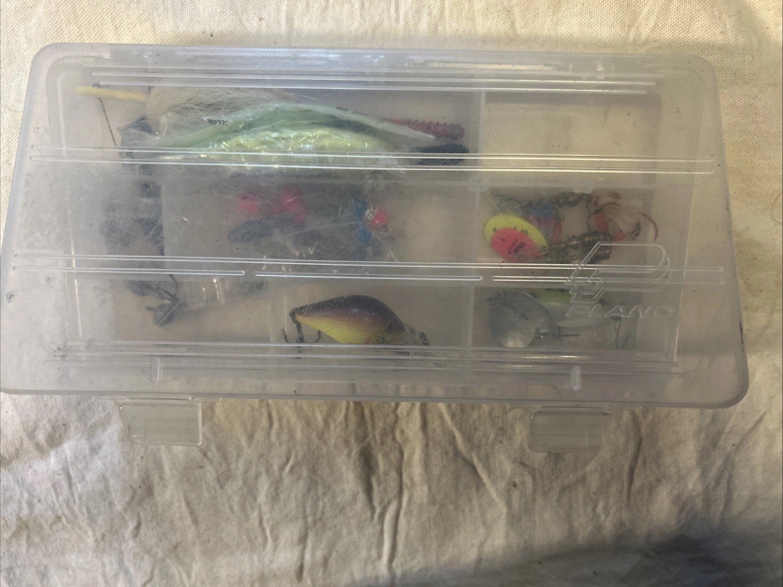 Plano Clear Tackle Box 3500 With Lures Weights Plastic Worms LOT Fishing Fish