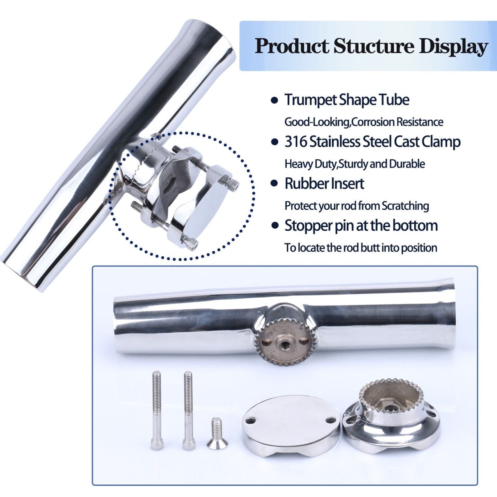 2X Marine 316 Stainless Steel Fishing Rod Holder for Boat 1-1/4"-2" Rail Mount