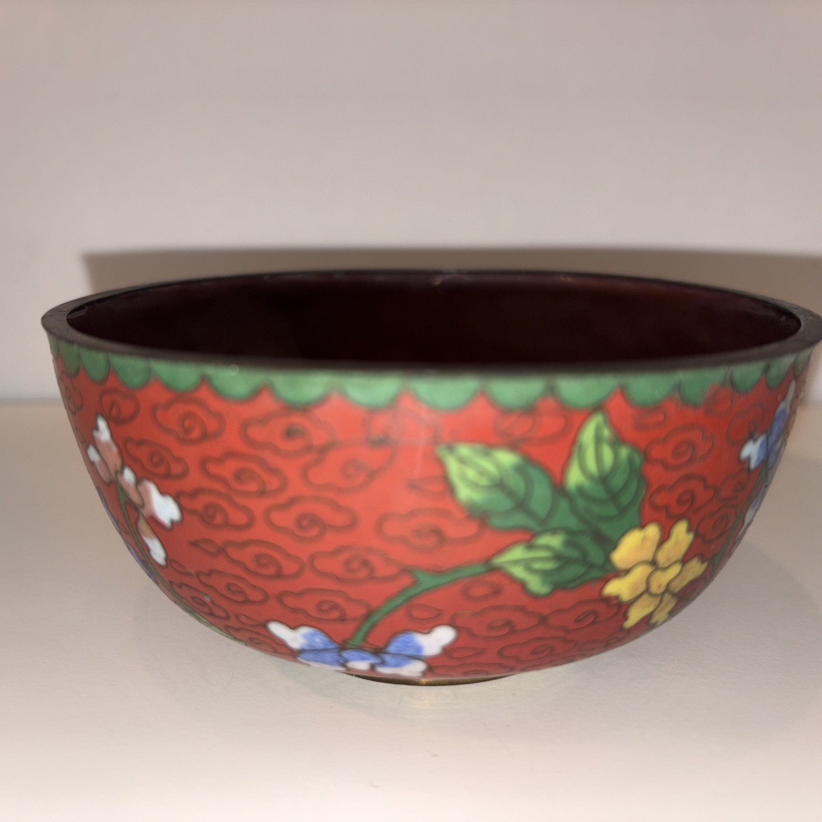 Vintage Cloisonné Enamel Bowl Maroon/green/blue China 4.5” Flowers