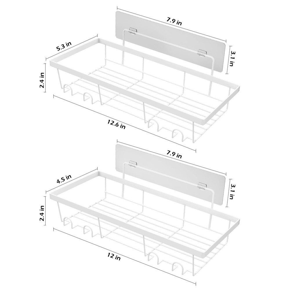 2 Pack Adhesive White Shower Caddy Organizer with Hooks, Rustproof No Drillin...