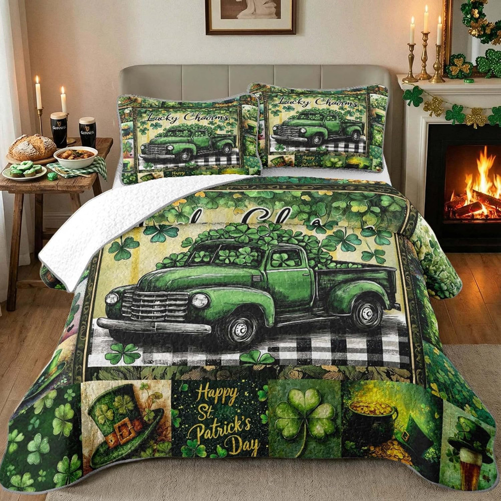 St. Patrick'S Day Patchwork Quilt Set Queen Size Shamrock Bedspread with 2 Pillo