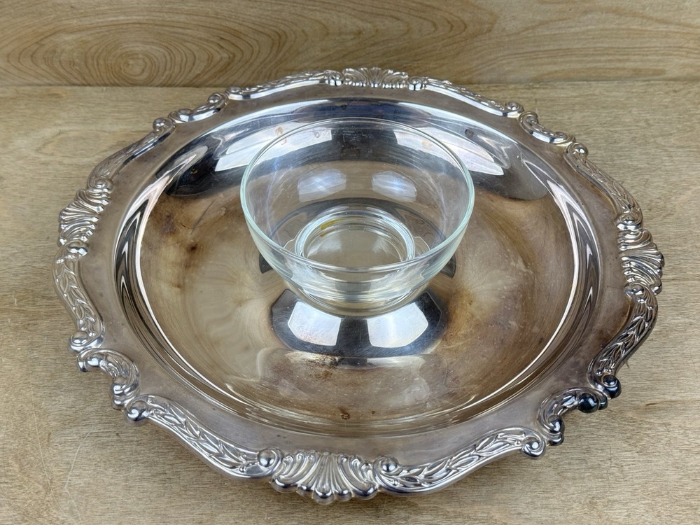 Vintage Sheridan Taunton Silver Plate Serving Tray Glass Bowl Chip n Dip 343