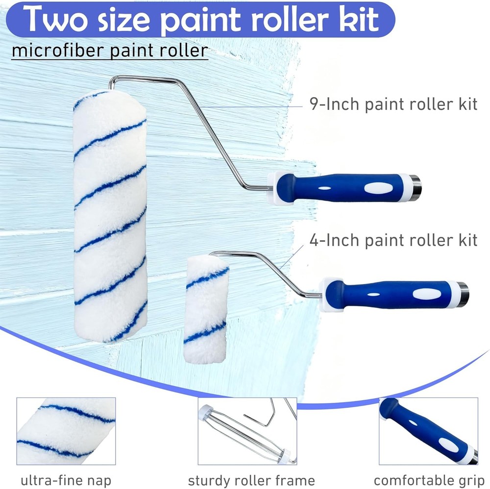 Paint Roller Kit 16PCS, 9&4 Inch Paint Roller with Adjustable 2-4FT Stainless St
