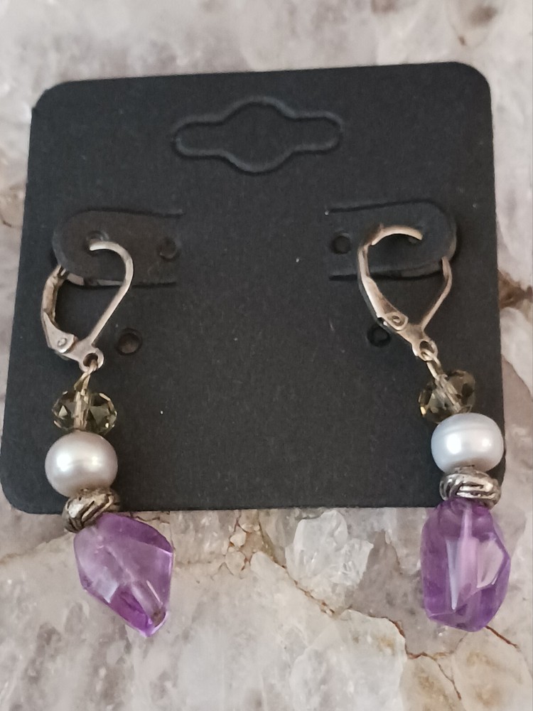 Silver White Pearl & Purple Earrings