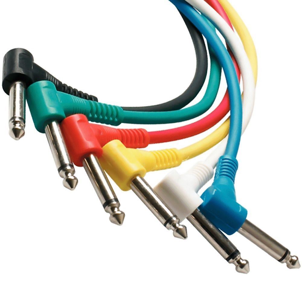 PERFEKTION 1/4" TO 1/4" TS 1' FT RIGHT ANGLE AUDIO PATCH CABLES, 6-PACK, COLORED
