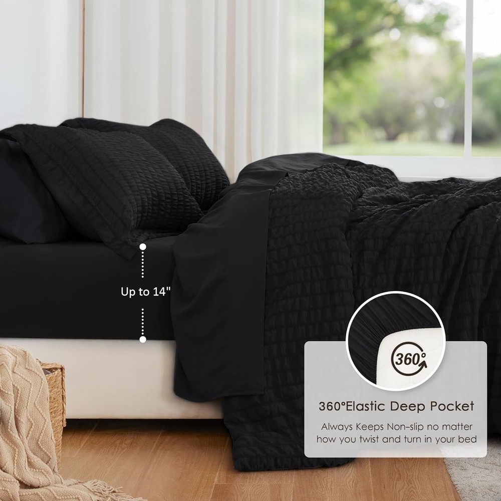 Seersucker Black Queen Comforter Set, 7-Piece Bedding Bundle