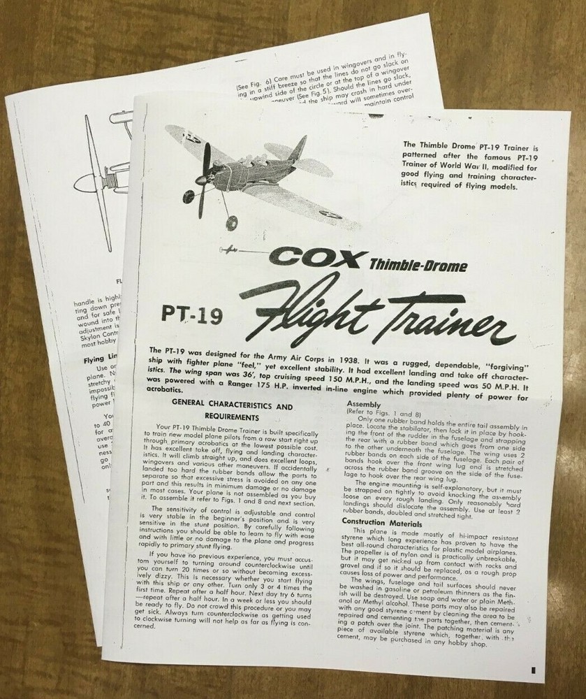 COX THIMBLE DROME .049 PT-19 FLIGHT TRAINER MANUAL INSTRUCTIONS 049