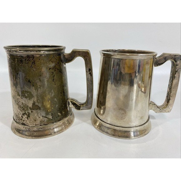 Vtg English Silver Plated Heraldic Lion Crest Tankard Beer Mug Steins Set of 2