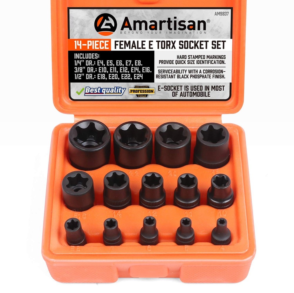 Amartisan 14 Pc Female E-Torx Star Socket Set/Rail, 1/4" 3/8" E4 - E24, Black