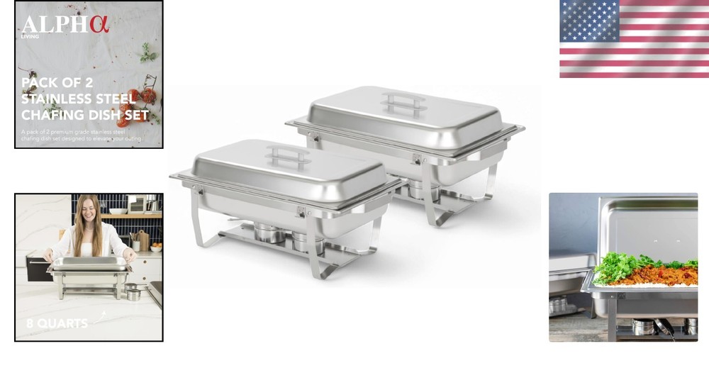 Elegant 8 Quart Stainless Steel Chafing Dish Set with Foldable Frame - 2 Pack