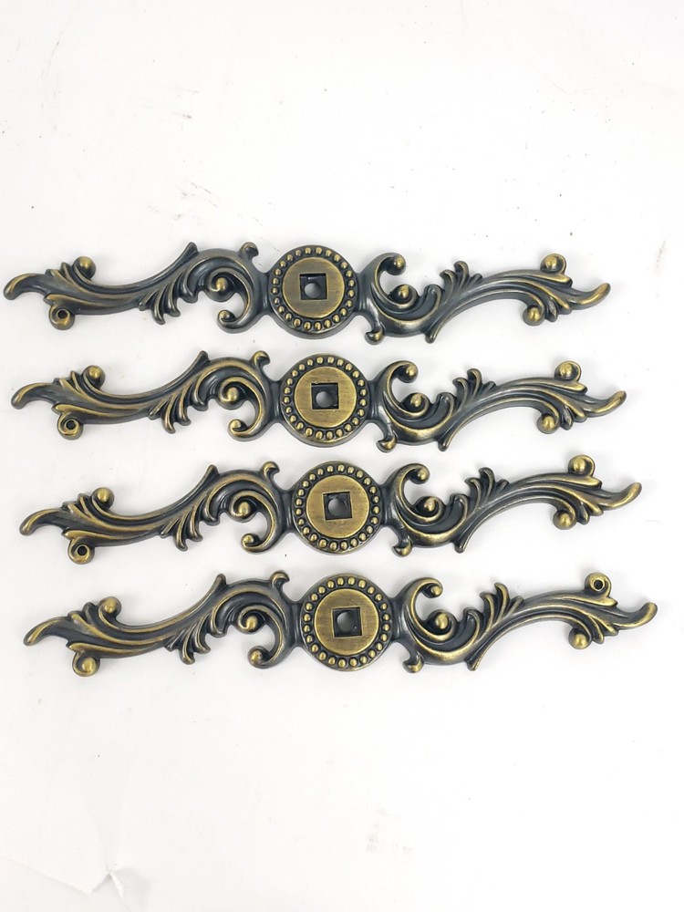 4 French Provisional Backplate Vintage Cabinet Pull Knobs Antique Finish 6"