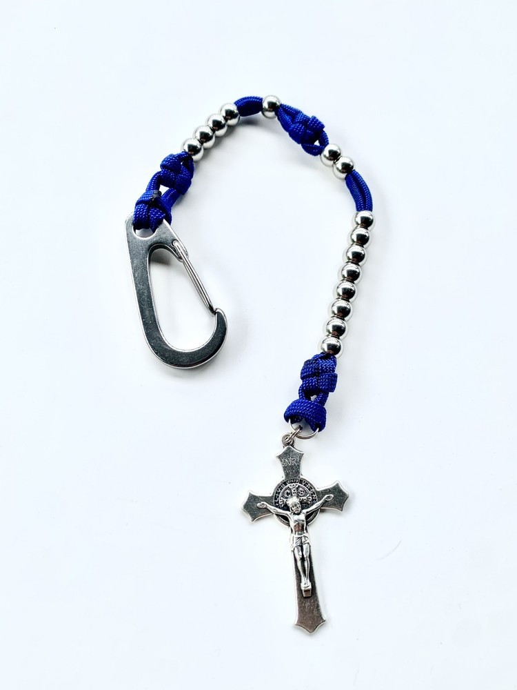 St. Benedict Paracord Stainless Steel Keychain Decade Rosary BLUE