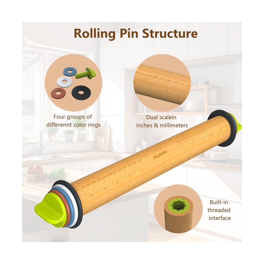Rolling Pin with Adjustable Thickness Ring and Silicone Baking ... FAST USA SHIP