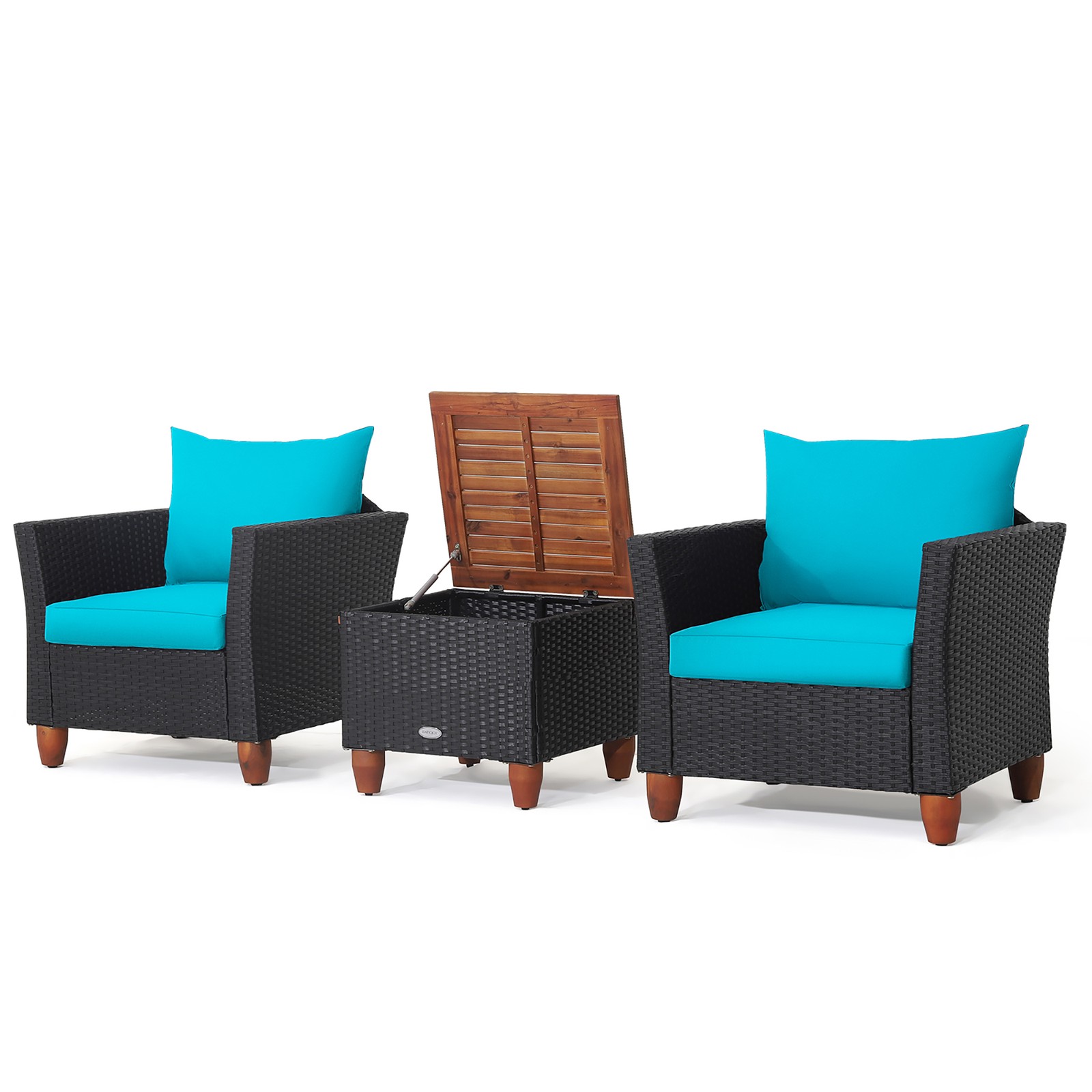 3PCS Patio Rattan Conversation Set Outdoor Furniture Set w/ Turquoise Cushions
