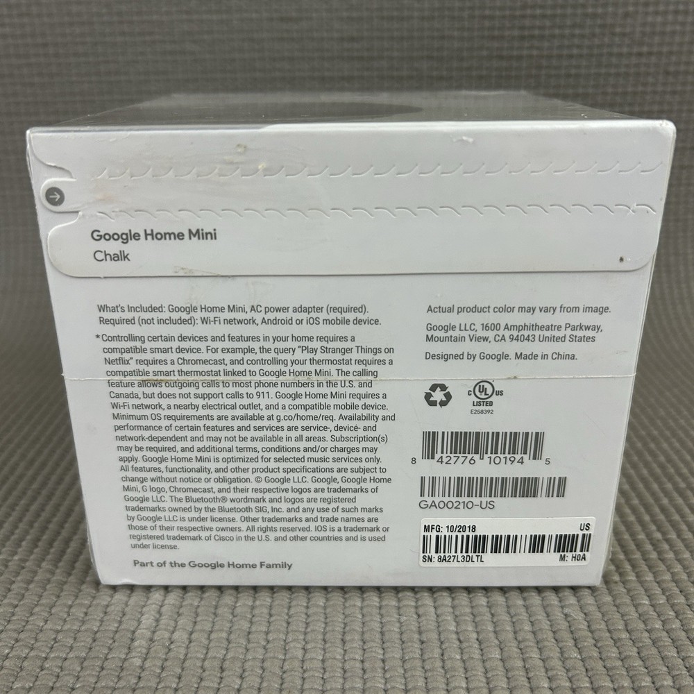 GOOGLE HOME MINI (1st Generation) Smart Speaker w/Google Assistant Chalk NEW