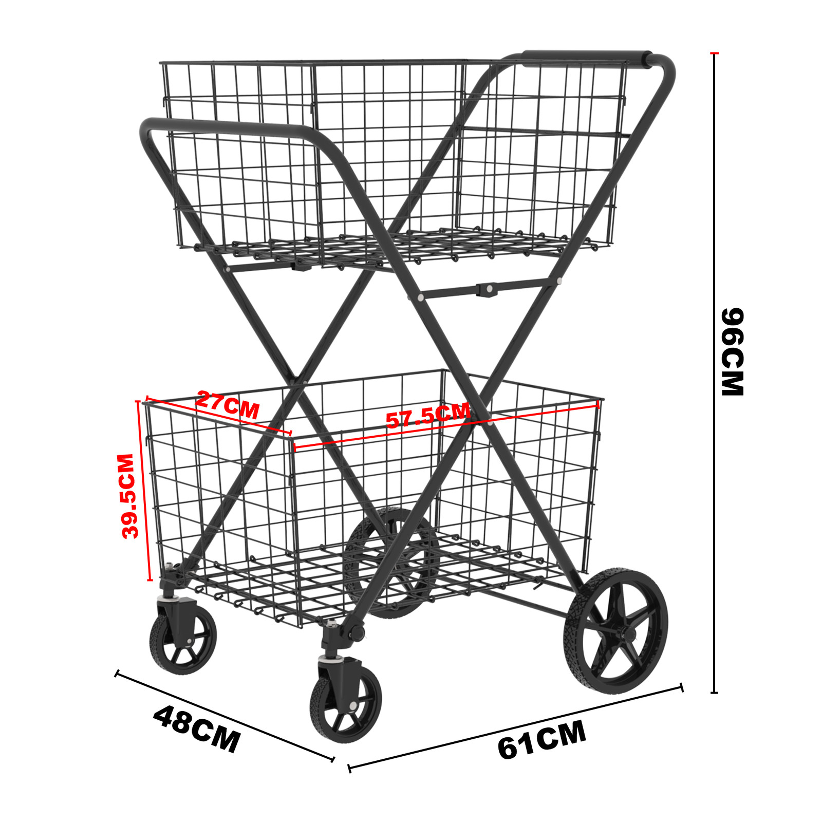 2-Tier Shopping Cart Foldable Grocery Cart Wheels Removable Storage Basket