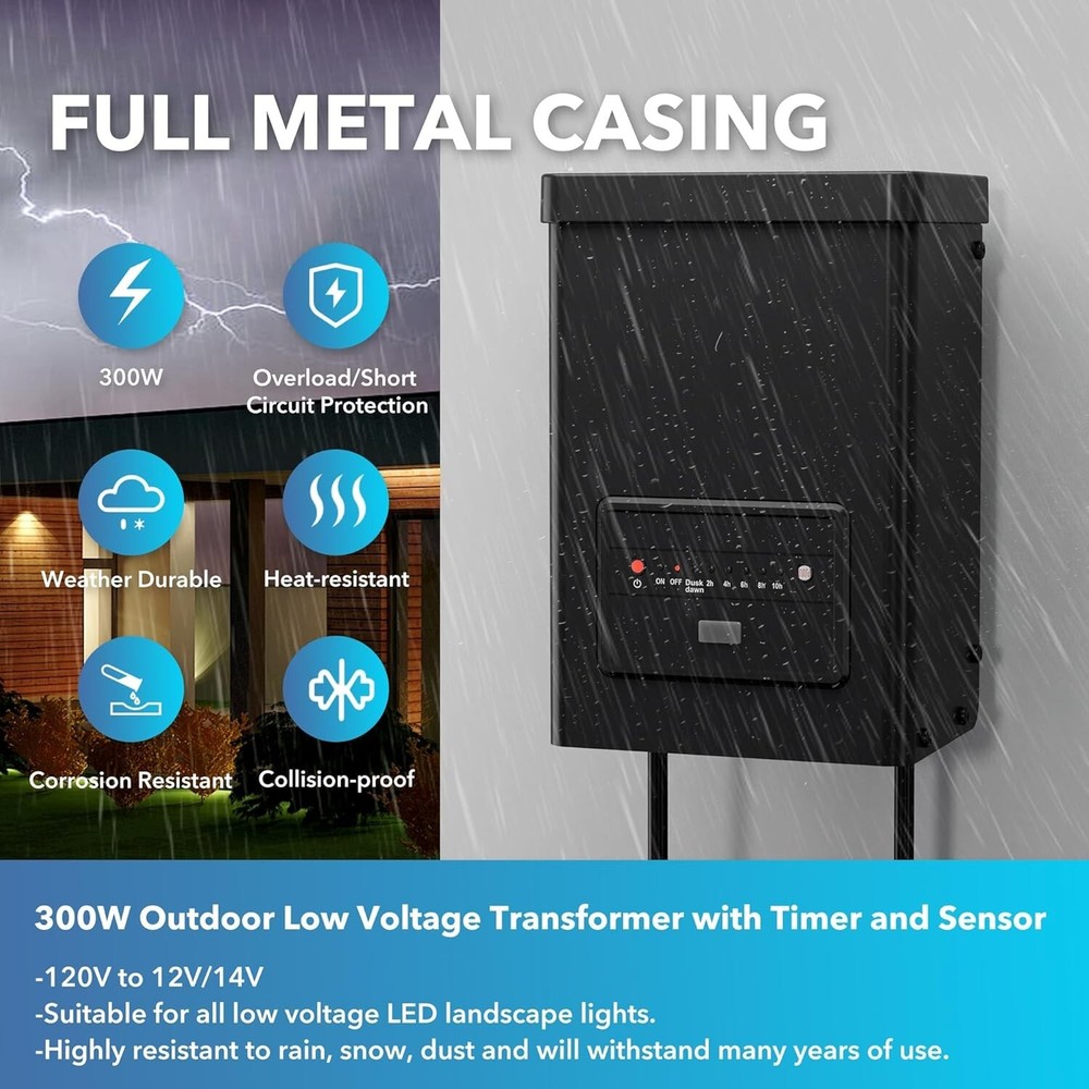 BN-LINK 300W Outdoor Transformer for Low Voltage Landscape Lighting, with Timer