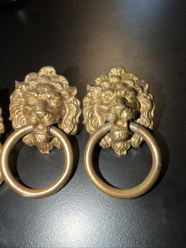 Antique Vintage Solid Brass Lions Lion's Head Knob Pull Drop Handle