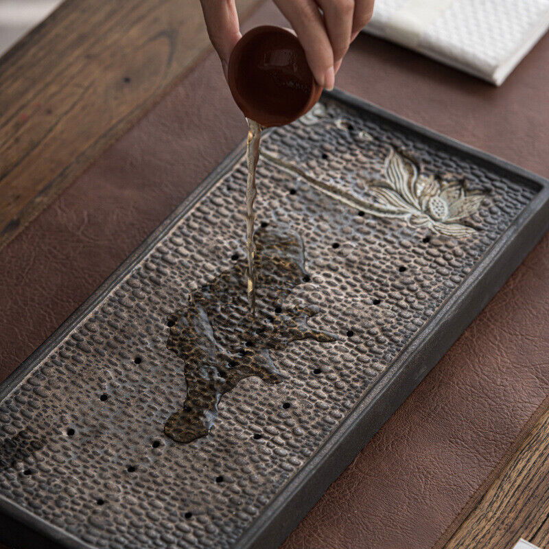 Lotus Engraved Rectangle Tea Tray Water Draining Reservoir Serving Tray Ceramic