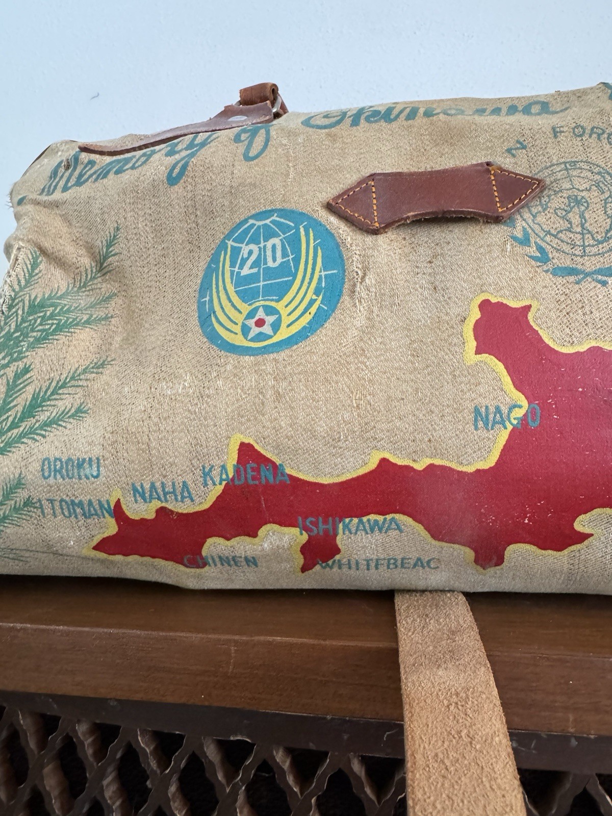 1950s Vtg Korean War Hand Painted Okinawa & Korea UN Forces Souvenir Duffel Bag