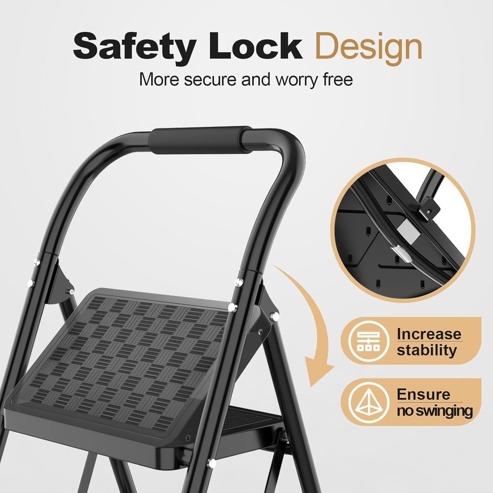 Elegant 2-Step Ladder - Foldable Ergonomic Step Stool with Wide Pedals