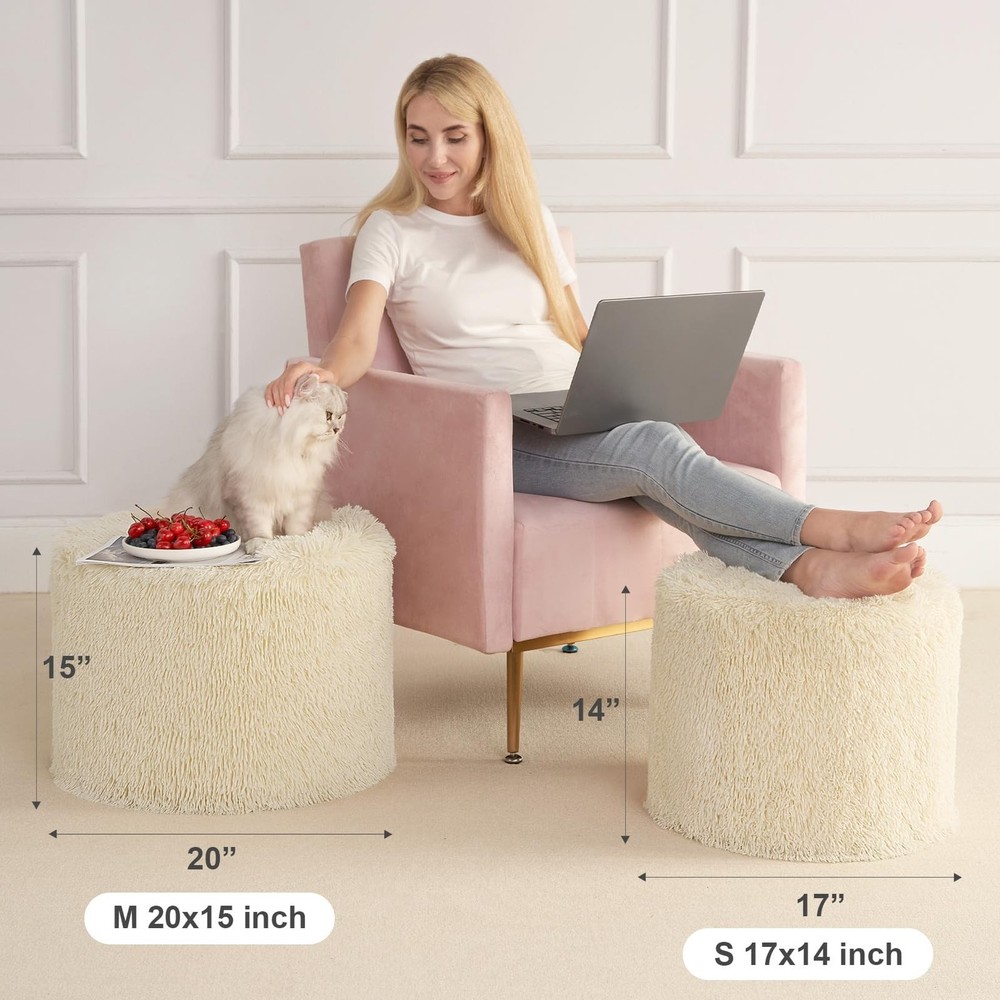 Hansleep Round Stuffed Pouf Ottoman 17 x 14, Foam Filled Faux Fur Ottoman Foo...