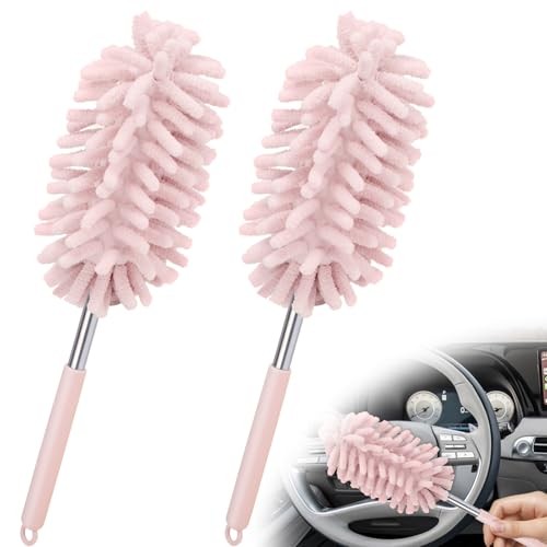 2 PCS Car Interior Duster with Extension Pole, Microfiber Car Duster with Pink