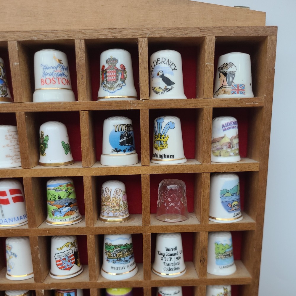 Vintage Thimble Display Case with 100 Mixed Various Thimbles Good Condition