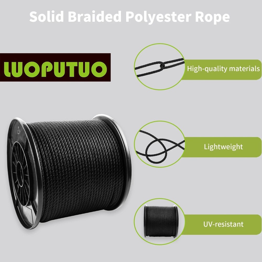 Solid Braid Polyester Utility Rope 1/4" x 500ft Heavy Duty Clothesline Craft UV