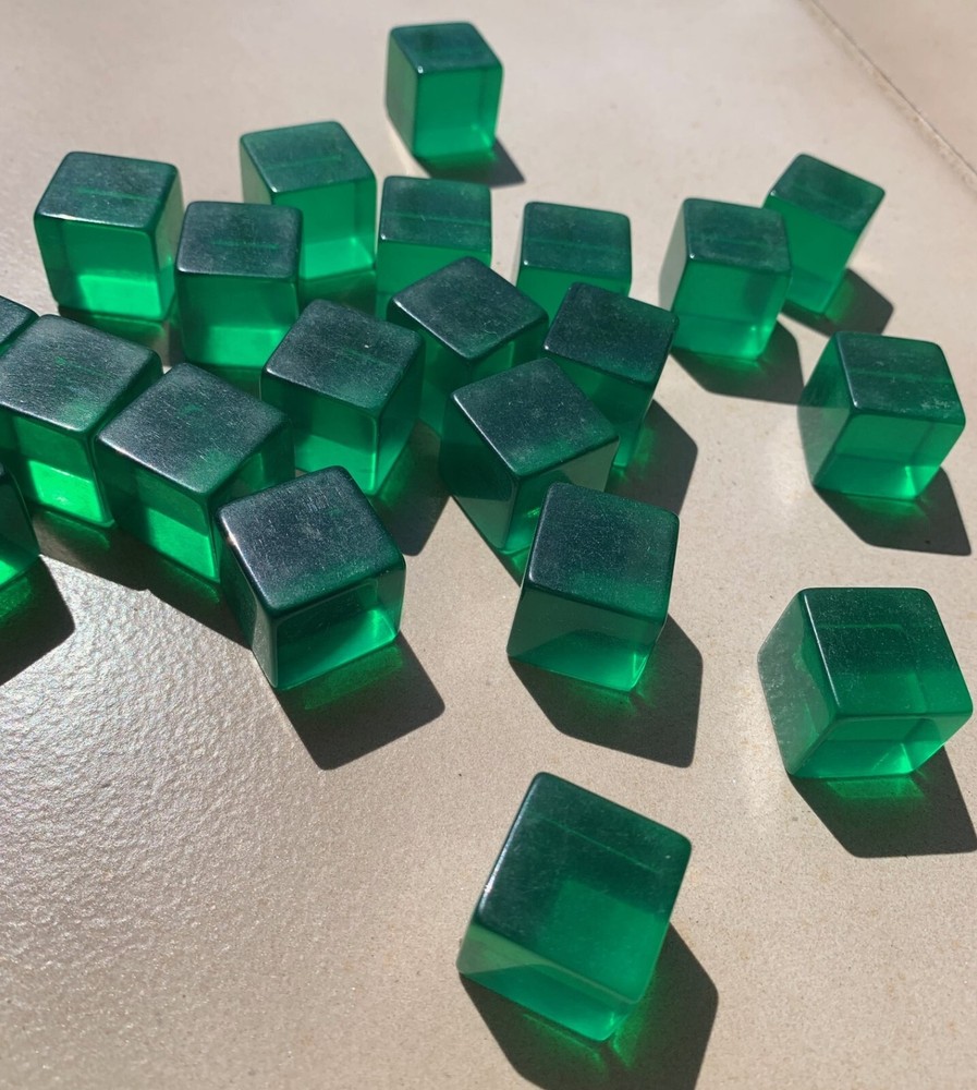 6 Old Bakelite or Lucite Green Translucent Cube Dice 3/4" diameter.