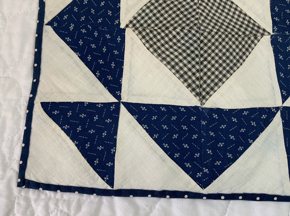 Vintage Patchwork Quilt Table Topper, Triangles, Early 1900’s, Navy, White