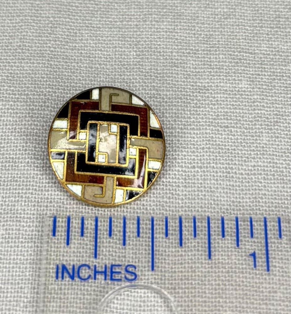 Antique Champleve Enamel Button with Geometric Design - 9/16”
