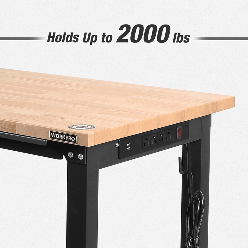 WORKPRO 60" Adjustable Workbench Rubber Wood Top Heavy-Duty Workstation 2000 Lbs