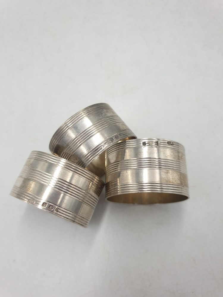 Vintage Continental Solid Silver Hallmarked Round Napkin Rings Ringed Detail 3PC