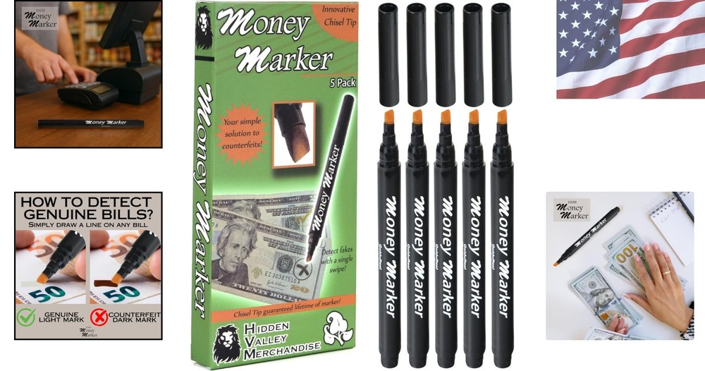 5-Pack Counterfeit Money Detector Pens with Chisel Tip for Easy Verification