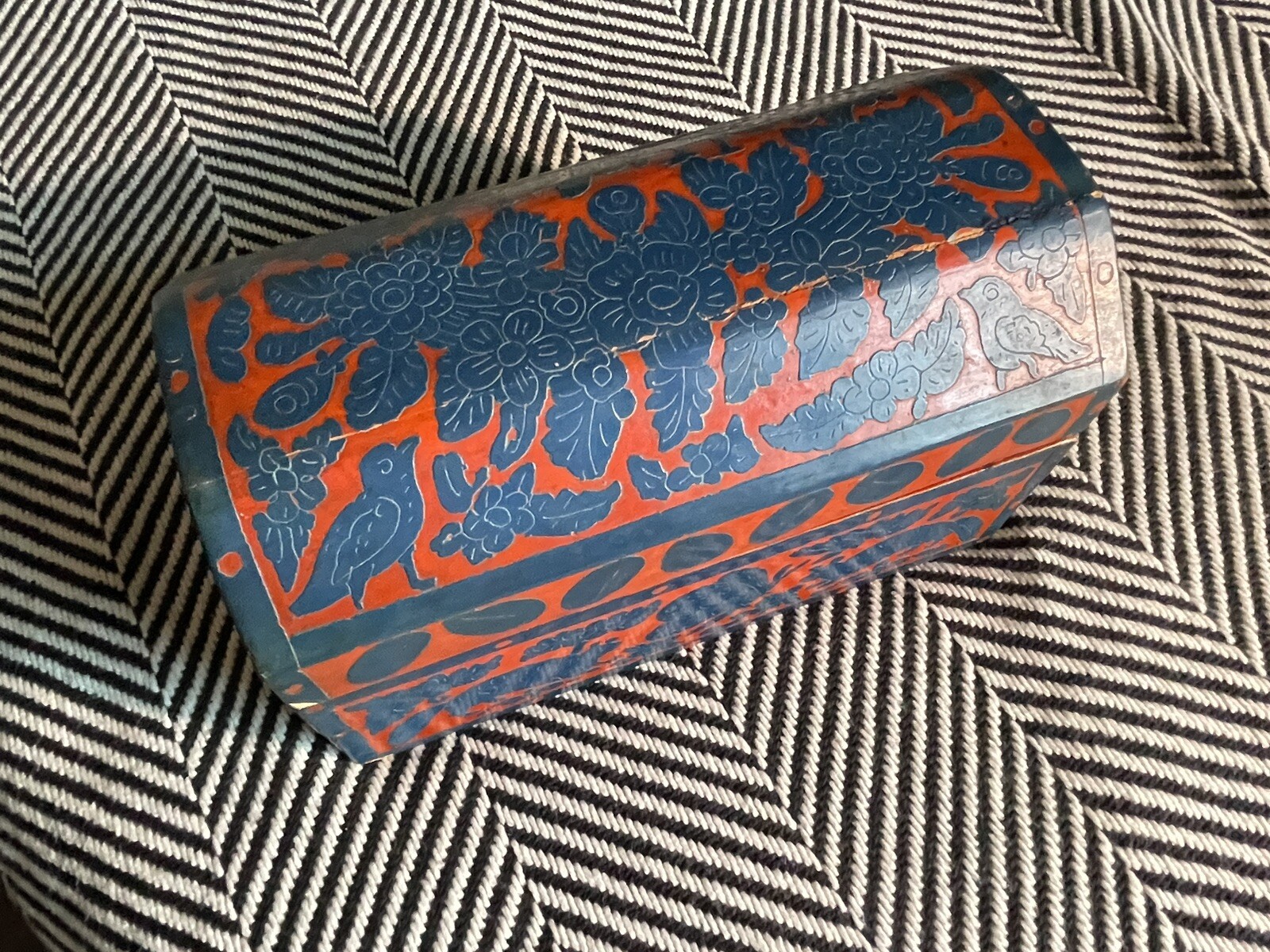 Large Antique Olinala Lacquered Wooden Box Chest Handmade Guerrero Mexico