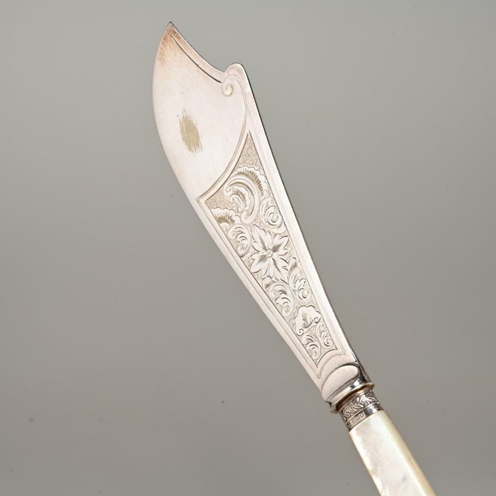 Sheffield Etched Fish Knife Fork Serving Set Mother Of Pearl Handles Antique